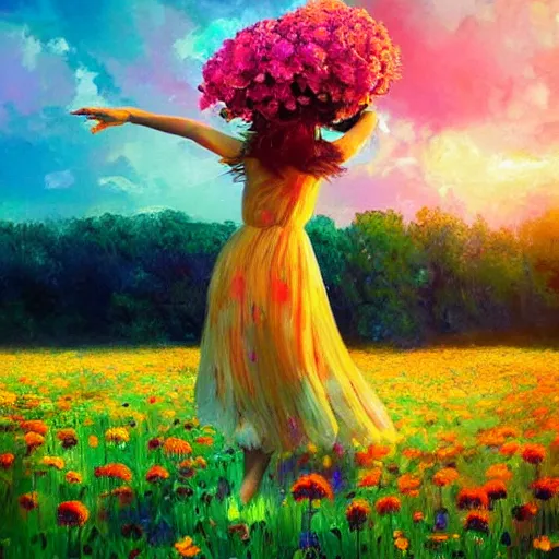 Image similar to head made of giant flowers, girl dancing barefoot in a vast flower field, arms behind back, surreal photography, sunrise dramatic light, impressionist painting, colorful clouds, large sky, digital painting, artstation, simon stalenhag, flower face