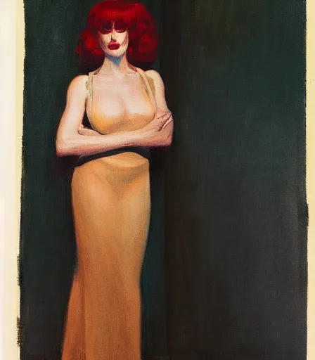 Prompt: a high quality, high detail, portrait of a drag queen by edward hopper, intense look in the eyes, moody, nostalgic