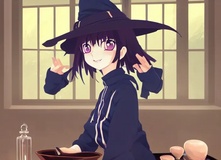 Image similar to anime visual, portrait of a young female traveler wearing a witch hat in a alchemist's potion shop interior, cute face from katsura masakazu and yoh yoshinari,, cinematic luts, dynamic pose, dynamic perspective, strong silhouette, anime cels, ilya kuvshinov, crisp and sharp, rounded eyes, moody, cool colors