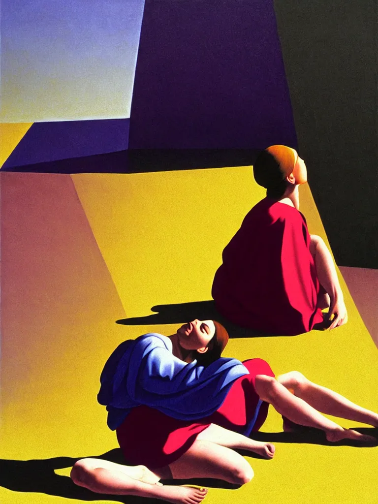 Prompt: hyperrealistic still life wide shot a woman dressed in loose fabric, sitting on the ground relaxing, sacred geometry, light refracting through prisms, by caravaggio, surrealism, vivid colors, serene, golden ratio, rule of thirds, negative space, minimalist composition, by rene magritte and james turrell