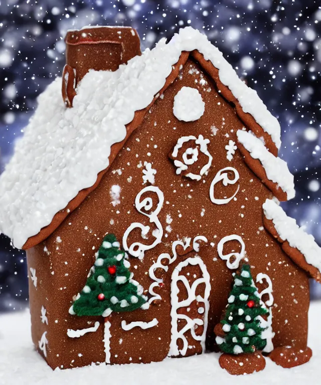 Image similar to high quality presentation photo of a gingerbread snow cottage, photography 4k f1.8 anamorphic bokeh 4k Canon Nikon