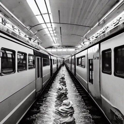 Image similar to photo of a train station, with floor flooded with ice cream