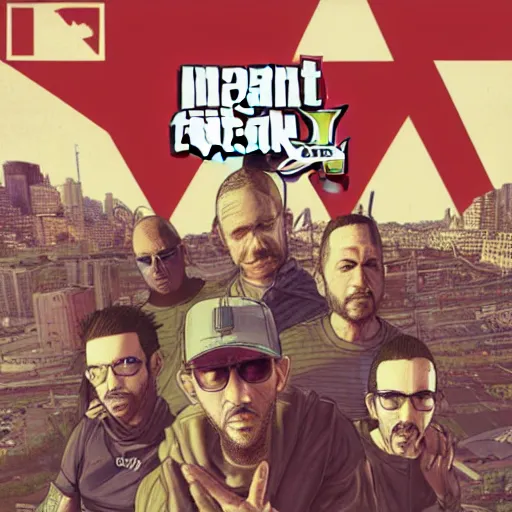Image similar to Linkin Park in GTA V, cover art by Stephen Bliss, artstation