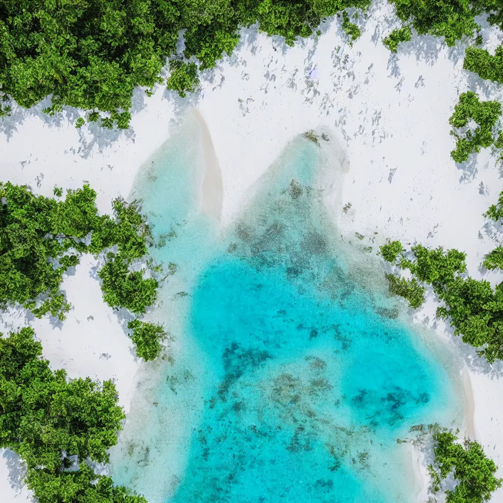 Prompt: top down view of a tropical beach with white sand, 8 k, high detail, photorealistic, proper shading