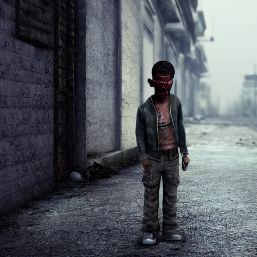 Prompt: boy standing wearing dirty clothes in the middle of the road. ruins of war around. the boy crying. symmetric, hands, face, fingers, photorealistic, hyperrealistic, cinematic, artstation, octane render, 8 k