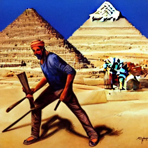 Prompt: a man cutting wood in front of egypt pyramids, painted by drew struzan