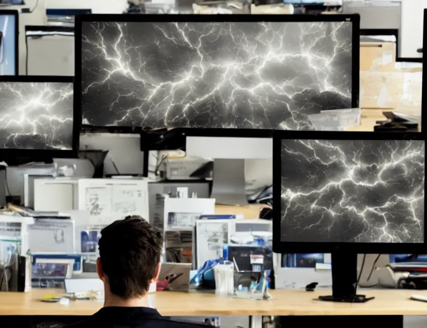 Image similar to a high resolution photo of a sad man in a messy office room with many screens photoshopping his own face while watching the collapse of the entire universe live stream on a vintage computer screen, storm, fire, earthquake, debris,