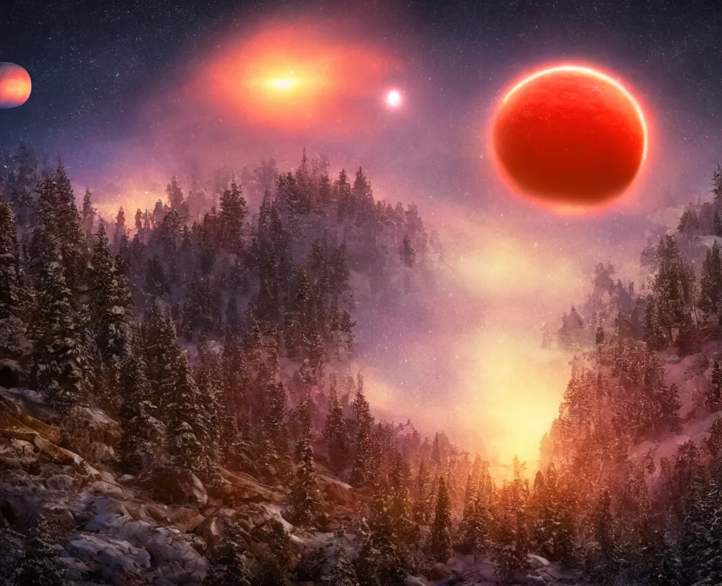 Image similar to A heavily-forested valley surrounded by snow-capped mountains, nighttime, orange gas giant, red nebula, no clouds, sci-fi, photorealistic, landscape