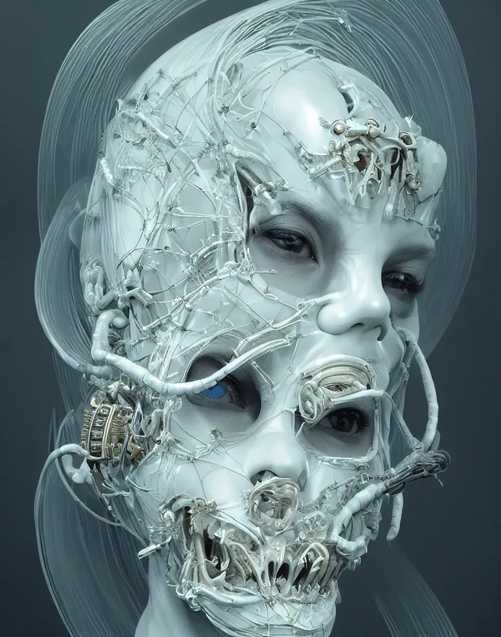 Prompt: symmetrical beautiful princess face in biomechanical mask of a cyberpunk demon by Roberto Ferri. Edison bulb. white plastic. human skull jellyfish butterfly phoenix head. burning water. baroque ornament details, intricate artwork by Tooth Wu and wlop and beeple and dan mumford and greg rutkowski. halo. octane render, cinematic, hyper realism, octane render, 8k, depth of field, bokeh. iridescent touch. vibrant. saturated. blade runner style