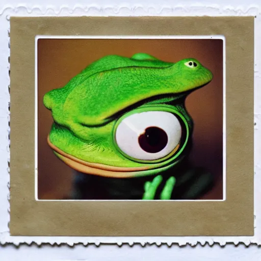 Image similar to pepe the frog, realistic old photograph, polaroid