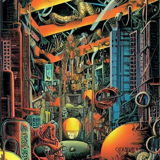 Prompt: biopunk underground bunker, crowded city, small favela-like suburb, gerald brom and andy warhol and steve ditko, 1998