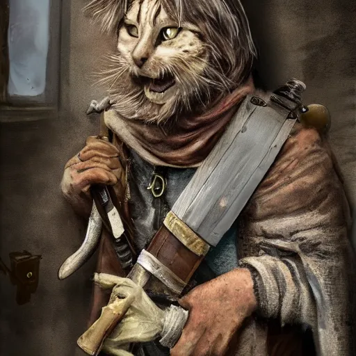 Image similar to a high detail shot of a dirty, homeless cat wearing rags, holstering sword, realism, 8 k, fantasy, d & d, concept art