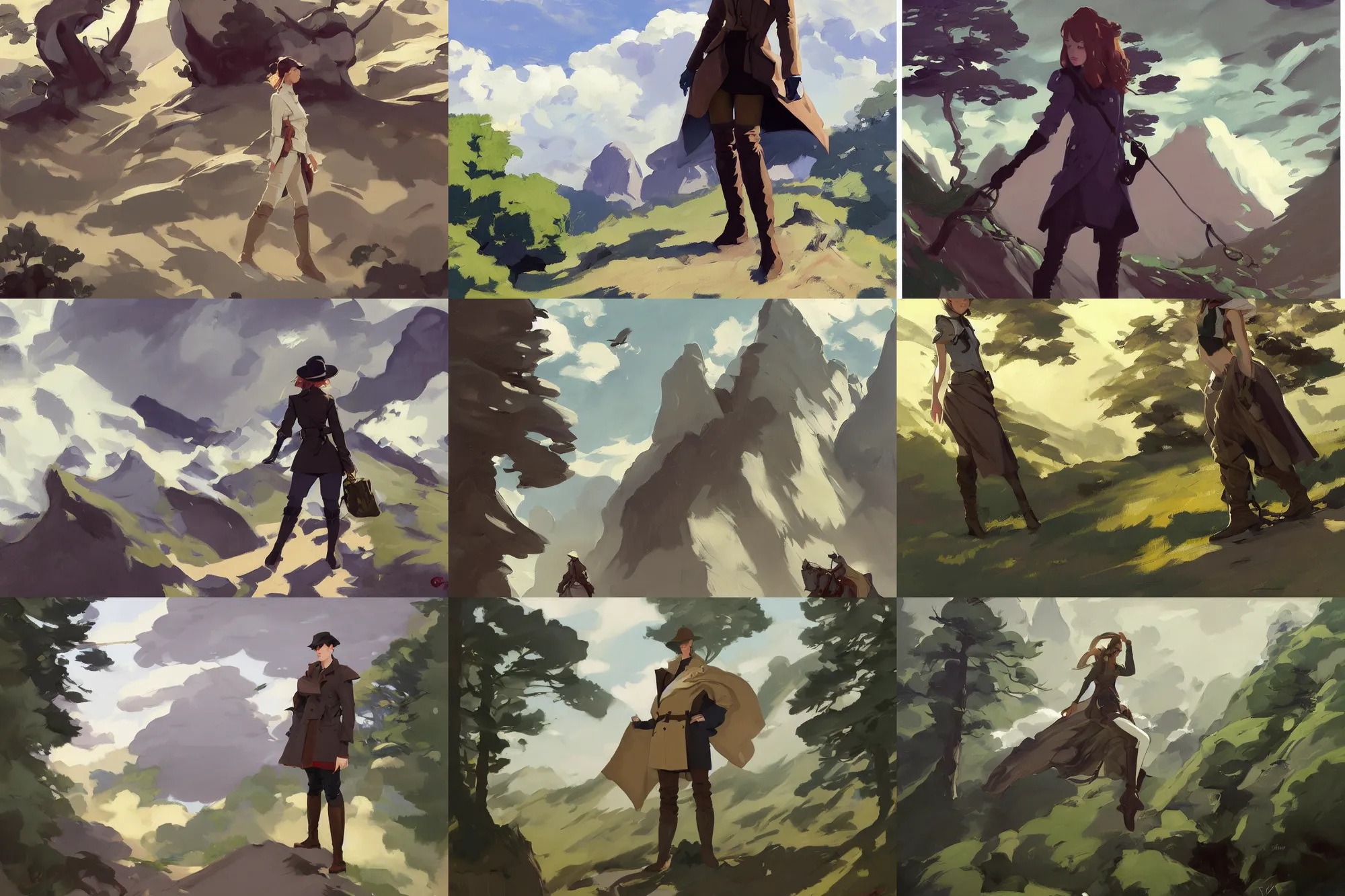 Prompt: cloth fabric jodhpurs knee high boots travel coat fashion, solo hiking in mountains trees, clouds, greg manchess painting by sargent and leyendecker, studio ghibli, fantasy, asymmetrical, intricate, elegant, matte painting, illustration, hearthstone, by greg rutkowski, by greg tocchini, by james gilleard, by joe fenton