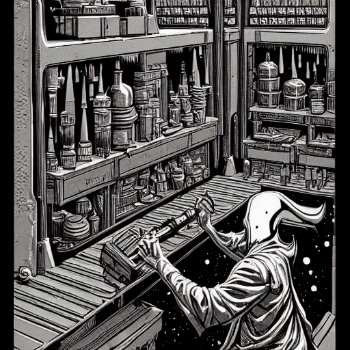 Image similar to ancient alchemist wizards laboratory, high details, lineart, by vincent di fate, inking, 3 color screen print, masterpiece, trending on artstation, sharp, high contrast, hyper - detailed, hd, 4 k, 8 k