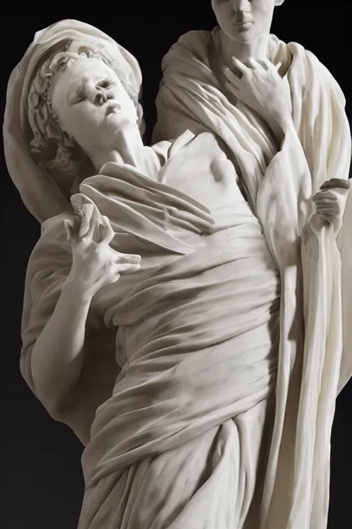 Prompt: a dramatic view of an highly ornated macabre soul priest statue dressed with soft silk robe made in heavy marble, with few ornaments in shiny polished stone, sculpted by hedi xandt and antonio corradini