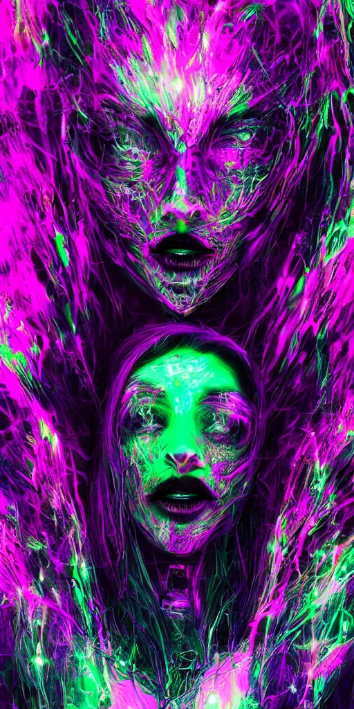 Image similar to impossibly beautiful witch hypnotizing her enemies with dark magic, intricate complexity, psychedelic glitch art, neon paint drip, inverted color scheme, trending on art station, photoreal, 8 k, octane render