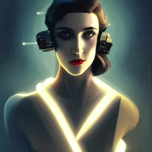 Image similar to portrait of a bladerunner art deco winona rider with a outer light falling on her face, sci-fi, intricate lighting, elegant noir, highly detailed, full-body-shot, digital painting, studio portrait, artstation, smooth, sharp focus, illustration, art by artgerm and greg rutkowski and Charlie Bowater