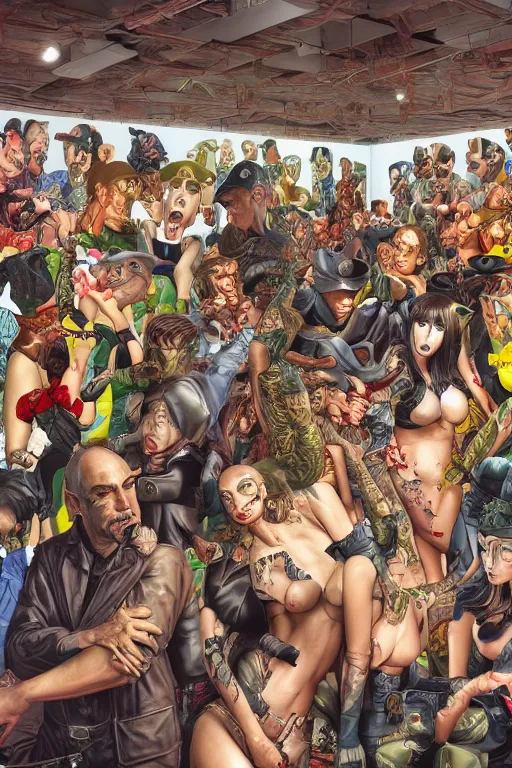 Image similar to place full of tunnel rats - pop art, hyperrealistic, detailed by artgerm and richard hamilton and mimmo rottela and bob rafei and kazuma kaneko and bengus and yoshitaka amano