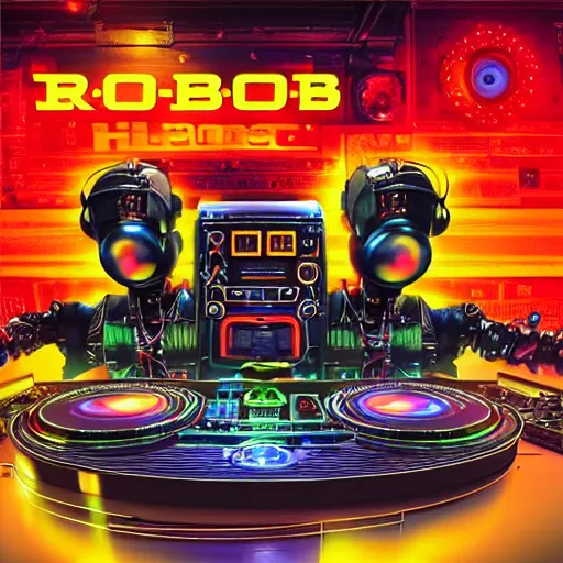 Prompt: album art for a famous dj, the album is called r. o. b. o. r. o. c. k. 3 dieselpunk robot heads with robot arms on a dj desk with a cd mixer, 8 k, fluorescent colors, halluzinogenic, multicolored, exaggerated detailed, front shot, 3 d render, octane