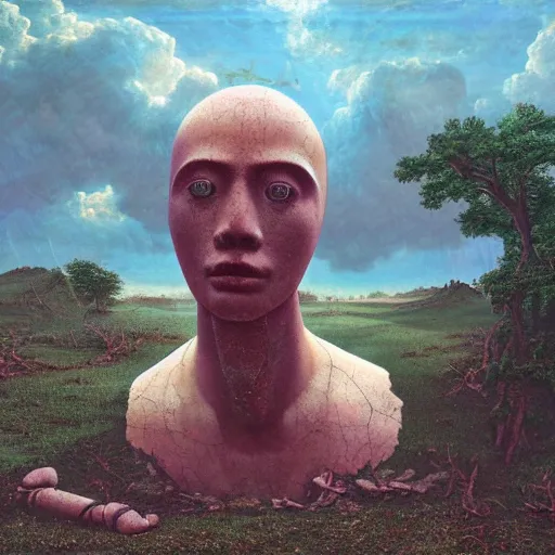 Image similar to hyperrealistic surrealism, dreamscape, david friedrich, award winning masterpiece with incredible details, zhang kechun, a surreal vaporwave vaporwave vaporwave vaporwave vaporwave painting by thomas cole of a gigantic broken mannequin head sculpture in ruins, astronaut lost in liminal space, highly detailed, trending on artstation