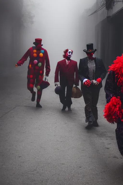 Image similar to a group of men dressed as clowns walking down a dark foggy alley