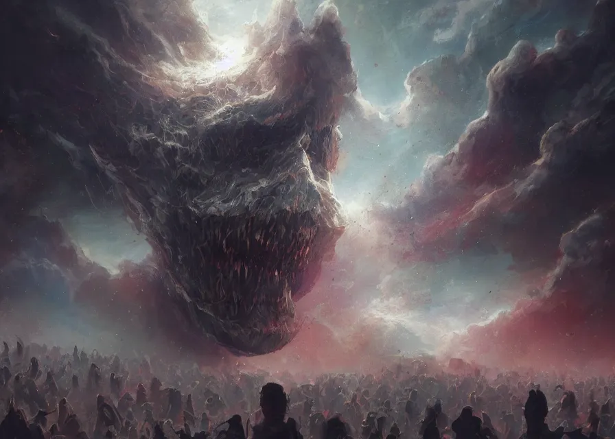 Image similar to large abstract painting of giant grinning evil dynamic low-opacity Joe Biden head emerging from cosmic clouds at giant immense crowd of person army, trending on ArtStation, masterpiece, by Greg Rutkowski, by Ross Tran, by Fenghua Zhong, octane, lightbeam eyes, soft render, clear facial features, oil on canvas,, moody lighting, lights beaming out of eyes, cinematic, professional environment concept art