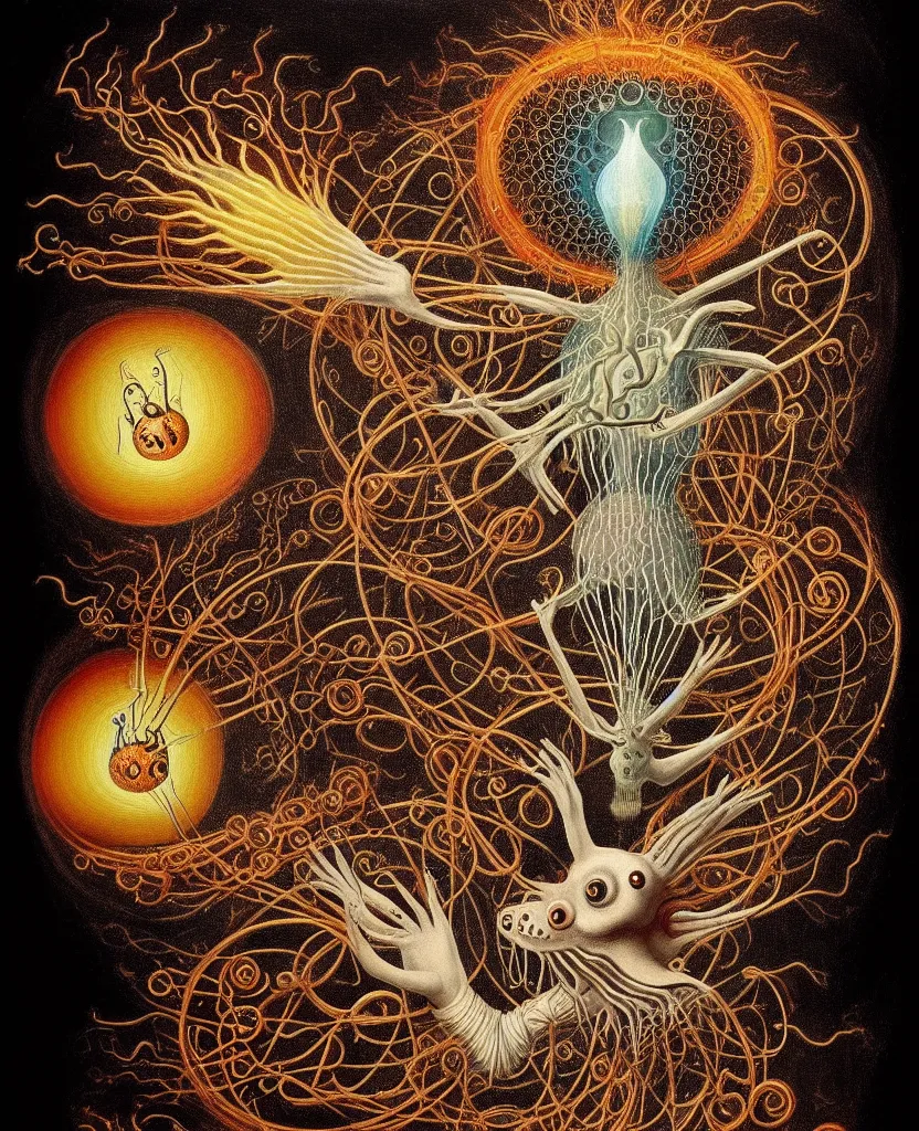 Image similar to whimsical freaky creature sings a unique canto about'as above so below'being ignited by the spirit of haeckel and robert fludd, breakthrough is iminent, glory be to the magic within, painted by ronny khalil