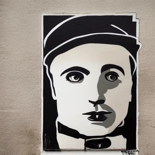 Prompt: Street-art portrait of Charlie Chaplin in style of Swoon