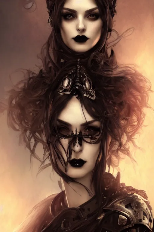 Image similar to beautiful and gothic and evil and luxury and dieselpunk young medieval female knight portrait +smoky eyes+front face with light flowing hair, ultradetail face, art and illustration by tian zi and craig mullins and WLOP and alphonse mucha, fantasy, intricate complexity, human structure, human anatomy, fantasy character concept, watermark, blurry, hyperrealism 8k