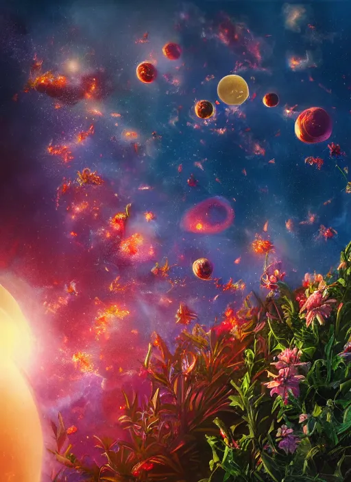 Image similar to An epic fantastic realism comic book style painting of the most beautiful flowers launched into space, bouquets, solar eclipse, fisheye, unreal 5, DAZ, hyperrealistic, octane render, dynamic lighting