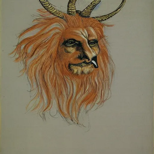 Prompt: human / eagle / lion / ox hybrid with two horns, one big beak, mane, human body. drawn by francis bacon