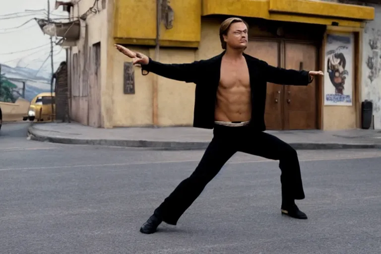Image similar to Leonardo DiCaprio as Bruce Lee in 'Once Upon a Time... In Hollywood 2: The First Part' (2022), movie still frame, promotional image, imax 70 mm footage, oscar nominated cinematography, volumetric lighting, 8k resolution