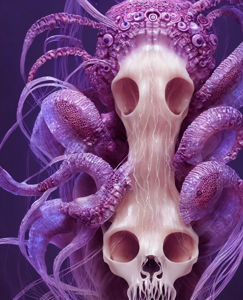 Image similar to goddess princess face close-up portrait ram skull. jellyfish phoenix head, nautilus, orchid, skull, betta fish, bioluminiscent creatures, intricate artwork by Tooth Wu and wlop and beeple. octane render, trending on artstation, greg rutkowski very coherent symmetrical artwork. cinematic, hyper realism, high detail, octane render, 8k