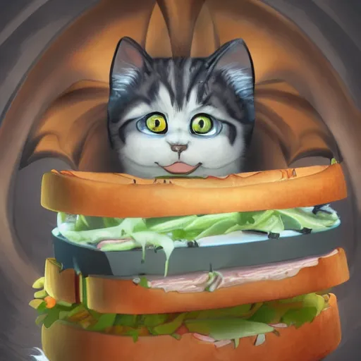 Image similar to deeply terrified cat running away from the giant carnivorous sandwich, artstation hq, dark phantasy, stylized, symmetry, modeled lighting, detailed, expressive, true unsimulated emotions, created by hayao miyazaki