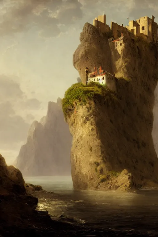 Prompt: an old castle on a seaside cliff by andreas achenbach and peder balke and martin johnson heade sharp digital painting. dreaming latent space. matte painting, concept art. artstation. digital render. hdr, high dynamic range, global illumination, realistic, 8 k