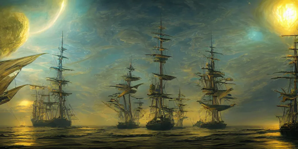 Image similar to Photorealistic epic science fiction painting of one solitary tall ship with three masts floating in space, by Rodney Matthews and Roger Dean. photorealism, UHD, amazing depth, glowing, golden ratio, 3D octane cycle unreal engine 5, volumetric lighting, cinematic lighting, cgstation artstation concept art