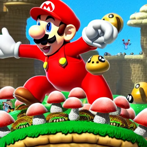 Prompt: hyper realistic super Mario eating mushrooms that take him to a parallel universe where giant mutated turtles eat anthropomorphic toadstools while they scream