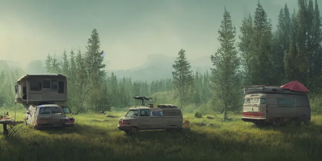 Image similar to looking out of the back of a van, two women camping, elegant scene, low angle, wide angle, indian forest, wide angle, cinematic, ultrarealistic, trending on artstation, cgsociety, highly detailed, color graded, rendered in unreal engine 4 k hq, matte painting, by simon stalenhag and hudson river school, horizon forbidden west