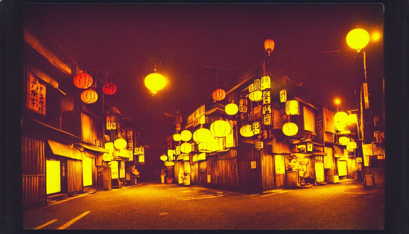 Prompt: colorful instant photograph of old japanese street at night, polaroid, light leak, raw, nostalgic