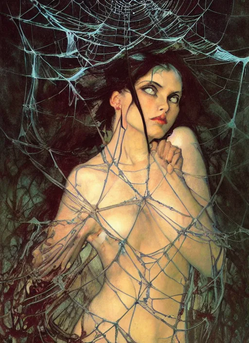 Prompt: a beautiful terrifying realism painting dark gothic close up woman in a spider web by raymond swanland, gaston bussiere craig mullins alphonse mucha basil gogos norman rockwell takato yamamoto, jack kirby, ruan jia, roberto ferri, monet, by wlop, moebius syd mead roger dean 4 k hd