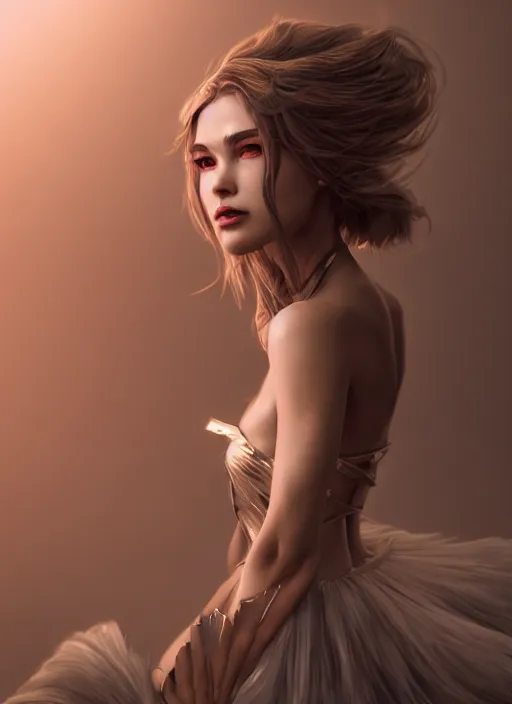 Image similar to beautiful fashion goddness, strapless dress, character portrait in the style of thomas river and artgerm, wlop, cinematic lighting, hyperdetailed, 8 k realistic, symmetrical, global illumination, radiant light, halo, love and mercy, frostbite 3 engine, cryengine, dof, trending on artstation, digital art, chanel