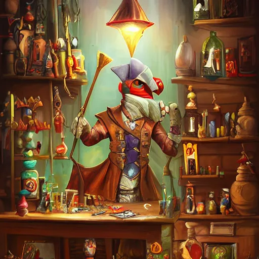 Image similar to Magic the gathering artwork of Anthropomorphized parrot trader in his shop, shelves full, selling a gem, portrait, items, magic potions, carpet, window, fancy funny hat, sly expression , cunning expression, cute expression, presenting magic gem, D&D, fantasy, cinematic lighting, highly detailed, digital painting, artstation, concept art, smooth, sharp focus, illustration, warm light, cozy warm tint, magic the gathering artwork, volumetric lighting, 8k, no gold, no gold colours, art by Akihiko Yoshida and Greg Rutkowski