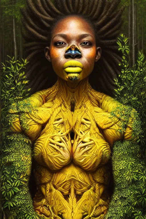Prompt: hyperrealistic super expressive! black woman with detailed exoskeleton armor, merging with tree in a forest, digital painting masterpiece brad kunkle hannah yata dramatic yellow light low angle hd 8k sharp focus