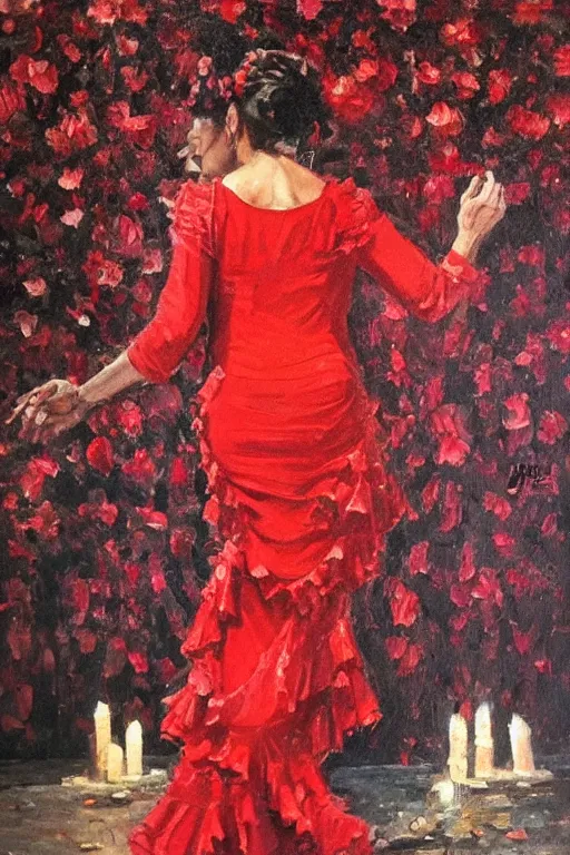 Image similar to vintage detailed oil painting of spanish flamenco dancer in mallorca wearing a red dress made of flowers, dimly lit by candles on the ground, looking away, dark shadows, photo realistic, extreme detail skin, no filter, slr, 4 k, high definition