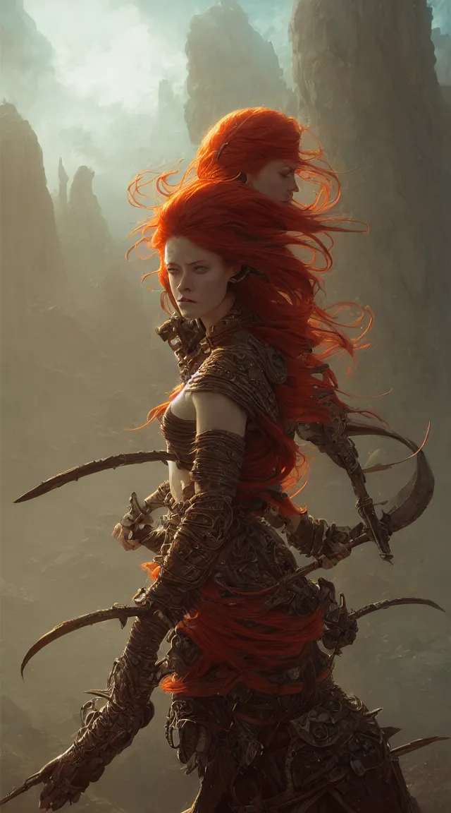 Image similar to highly detailed portrait of a warrior redhead woman, elden ring, stephen bliss, fantasy art by greg rutkowski, loish, rhads, ferdinand knab, makoto shinkai and lois van baarle, ilya kuvshinov, rossdraws, tom bagshaw, global illumination, radiant light, detailed and intricate environment