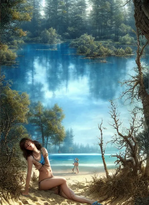 Image similar to on the sandy beach of a blue lake in a pine forest, hyperrealism, no blur, 4 k resolution, ultra detailed, style of tyler edlin, tom bagshaw, arthur rackham, ivan shishkin