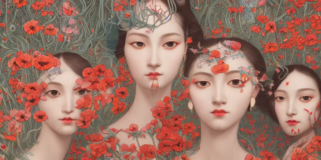 Prompt: breathtaking detailed concept art painting art deco pattern of faces goddesses of poppy flowers with anxious piercing eyes and blend of flowers and birds, by hsiao - ron cheng and john james audubon, bizarre compositions, exquisite detail, extremely moody lighting, 8 k