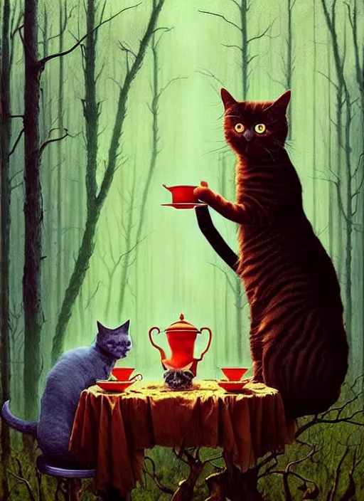 Image similar to cat having tea with a witch in the woods gorgeous lighting, lush forest foliage blue sky a hyper realistic painting by chiara bautista and beksinski and norman rockwell and greg rutkowski weta studio, and lucasfilm