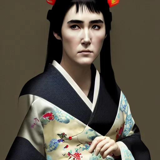 Image similar to Japanese Jennifer Connelly wearing kimono, realistic, photo studio, HDR, 8k, trending on artstation