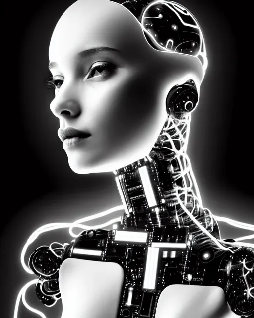 Prompt: black and white dreamy spiritual connected young female robot - cyborg high quality photo, microchip, artificial intelligence, bio - mechanical bio - luminescence, black wired cables, neurons, nerve cells, cinematic, rim light, photo - realistic, elegant, high detail, 8 k, masterpiece, high fashion